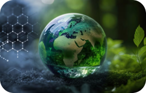 The image shows a glass globe with a map of Earth, emphasizing the African continent, surrounded by greenery and hexagonal molecular structures.