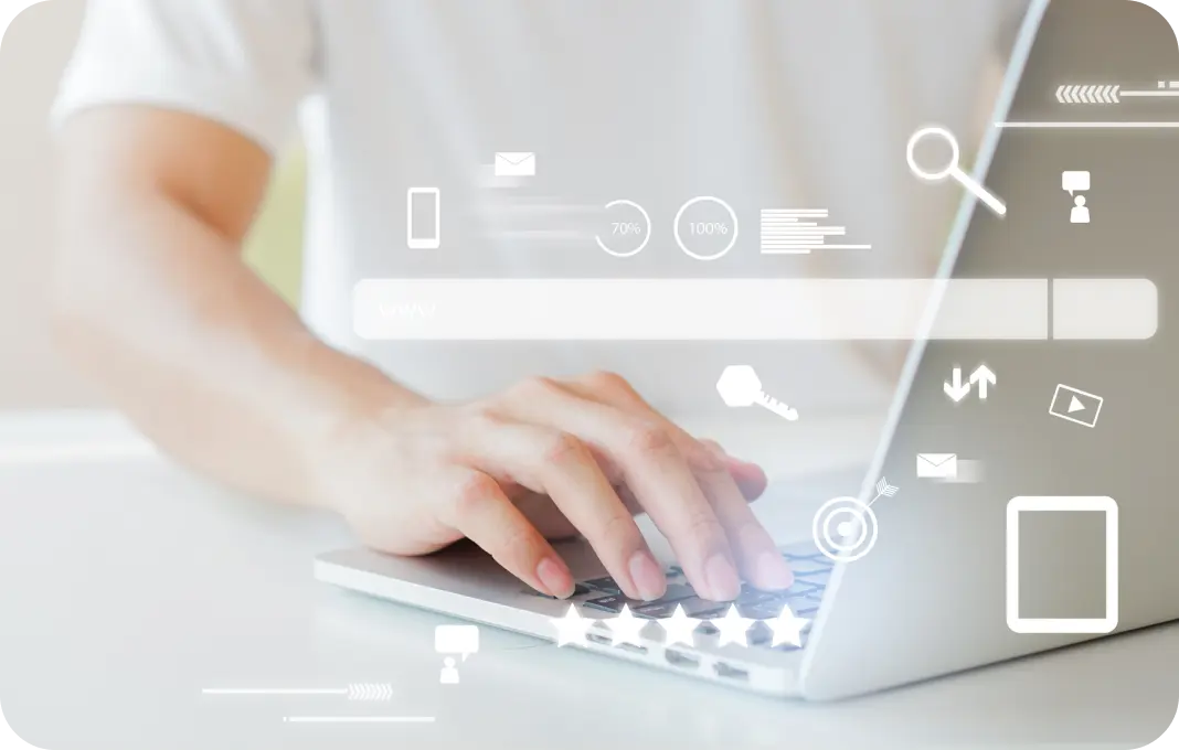 A photograph shows a person typing on a laptop, with various icons and graphics superimposed, including a search bar, email, and data symbols.